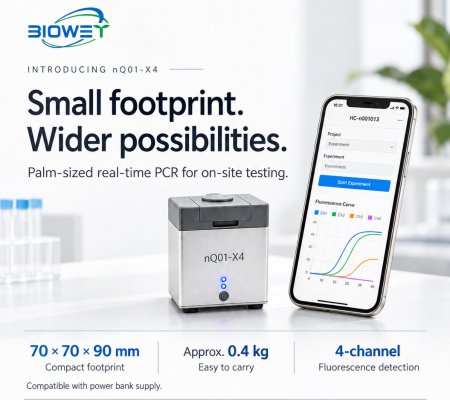 BIOWE presenta el sistema de PCR en tiempo real nQ01-X4, de tamaño compacto (cabe en la palma de la mano), para realizar pruebas in situ.